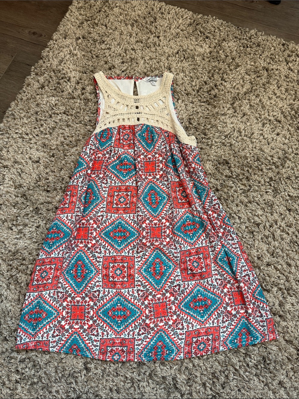 Crochet Yoke Summer Dress in Red & Teal